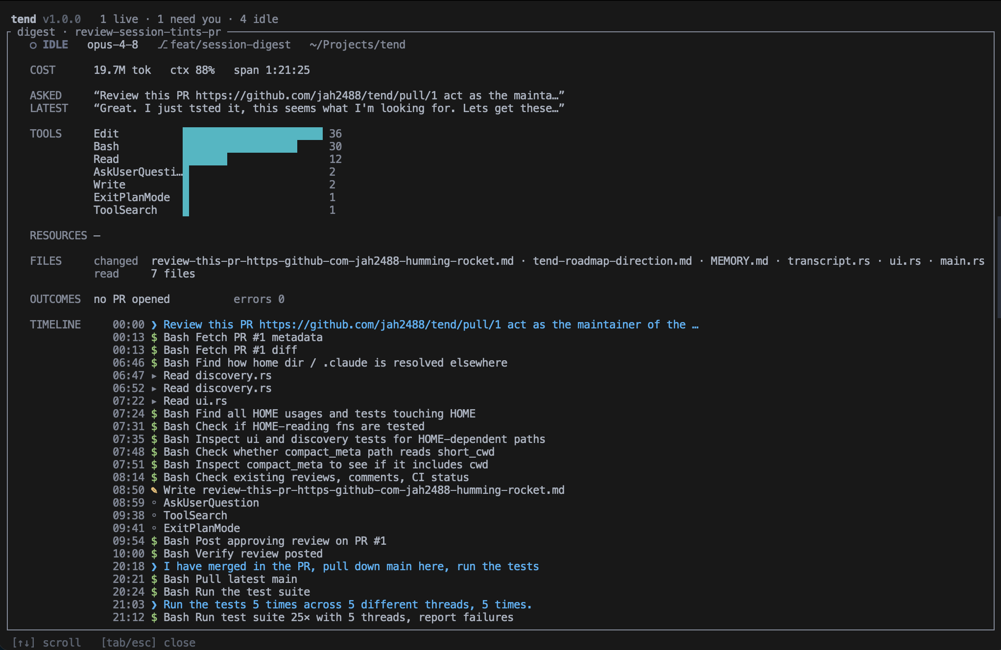 The tend session digest panel: cost, prompts, a tool histogram, MCP resources, files, outcomes, and a full timeline.